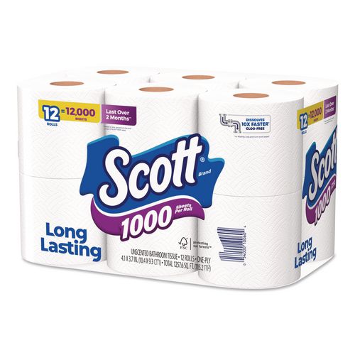 Image of Scott® 10060 1000 Bathroom Tissue, Septic Safe, 1-Ply, White, 1,000 Sheets/Roll, 12 Rolls/Pack, 4 Packs/Carton