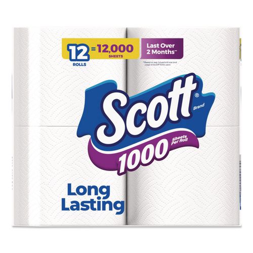 Image of Scott® 10060 1000 Bathroom Tissue, Septic Safe, 1-Ply, White, 1,000 Sheets/Roll, 12 Rolls/Pack, 4 Packs/Carton