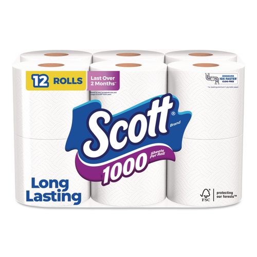 Image of Scott® 10060 1000 Bathroom Tissue, Septic Safe, 1-Ply, White, 1,000 Sheets/Roll, 12 Rolls/Pack, 4 Packs/Carton