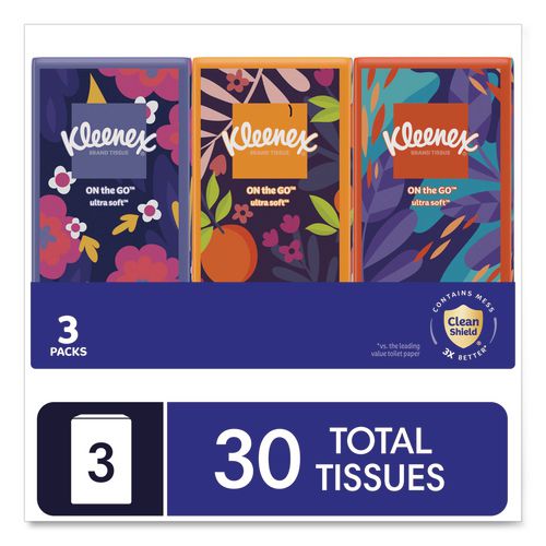 Image of Kleenex® 11976 On The Go Packs Facial Tissues, 3-Ply, White, 10 Sheets/Pouch, 3 Pouches/Pack, 36 Packs/Carton
