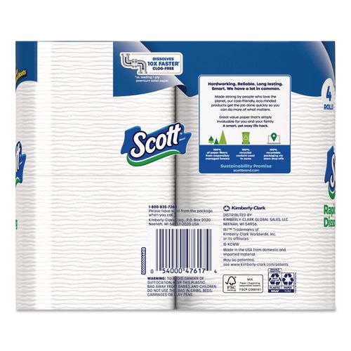 Image of Scott® 47617 Rapid-Dissolving Toilet Paper, Bath Tissue, Septic Safe, 1-Ply, White, 231 Sheets/Roll, 4 Rolls/Pack, 12 Packs/Carton