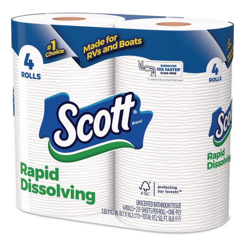 Image of Scott® 47617 Rapid-Dissolving Toilet Paper, Bath Tissue, Septic Safe, 1-Ply, White, 231 Sheets/Roll, 4 Rolls/Pack, 12 Packs/Carton