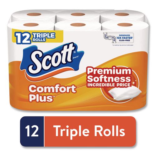 Image of Scott® 47618 ComfortPlus Toilet Paper, Double Roll, Bath Tissue, Septic Safe, 1-Ply, White, 231 Sheets/Roll, 12 Rolls/Pack, 4 Packs/Carton