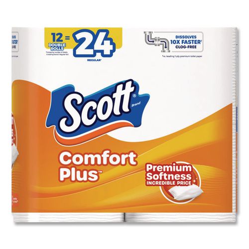 Image of Scott® 47618 ComfortPlus Toilet Paper, Double Roll, Bath Tissue, Septic Safe, 1-Ply, White, 231 Sheets/Roll, 12 Rolls/Pack, 4 Packs/Carton