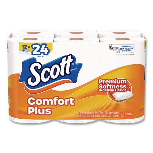 Image of Scott® 47618 ComfortPlus Toilet Paper, Double Roll, Bath Tissue, Septic Safe, 1-Ply, White, 231 Sheets/Roll, 12 Rolls/Pack, 4 Packs/Carton
