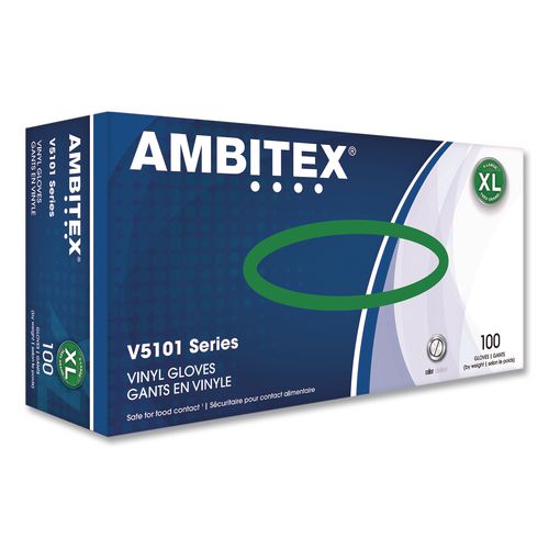 Image of AMBITEX® VXL5101 V5101 Series Latex-Free Lightly Powdered Vinyl Gloves, X-Large, 3 mil Thick, 9" Long, Clear, 100/Box