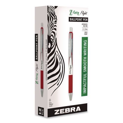 Image of Zebra® 21930 Z-Grip Flight Ballpoint Pen, Retractable, Bold 1.2 mm, Red Ink, Red/White/Silver Barrel, Dozen