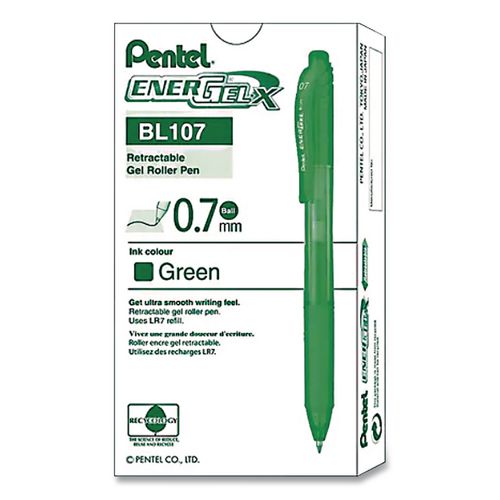Image of PentelÂ® EnerGel-X Gel Pen, Retractable, Medium 0.7 mm, Green Ink, Translucent Green/Green Barrel, Dozen