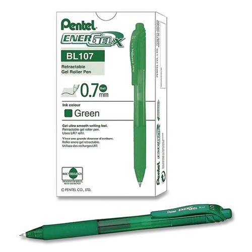 Image of PentelÂ® EnerGel-X Gel Pen, Retractable, Medium 0.7 mm, Green Ink, Translucent Green/Green Barrel, Dozen
