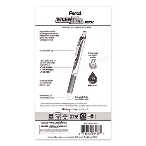Image of Pentel® BL77BP5A EnerGel RTX Gel Pen, Retractable, Medium 0.7 mm, Black Ink, Gray/Black Barrel, 5/Pack