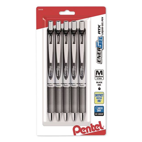 Image of Pentel® BL77BP5A EnerGel RTX Gel Pen, Retractable, Medium 0.7 mm, Black Ink, Gray/Black Barrel, 5/Pack