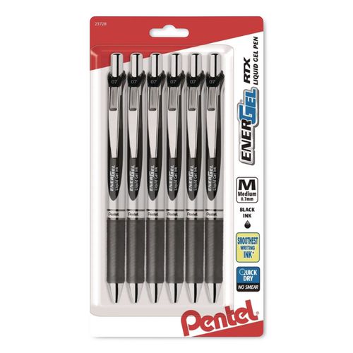Image of Pentel® BL77BP6A EnerGel RTX Gel Pen, Retractable, Medium 0.7 mm, Black Ink, Black/Gray Barrel, 6/Pack