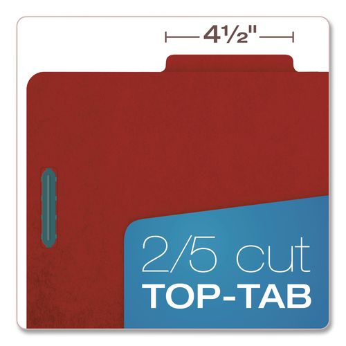 Image of Pendaflex® 23731P Pressboard Top Tab Classification Folders, 2/5-Cut Tab, Expands 1.75", 1 Divider, 4 Fasteners, Letter Size, Bright Red, 10/BX