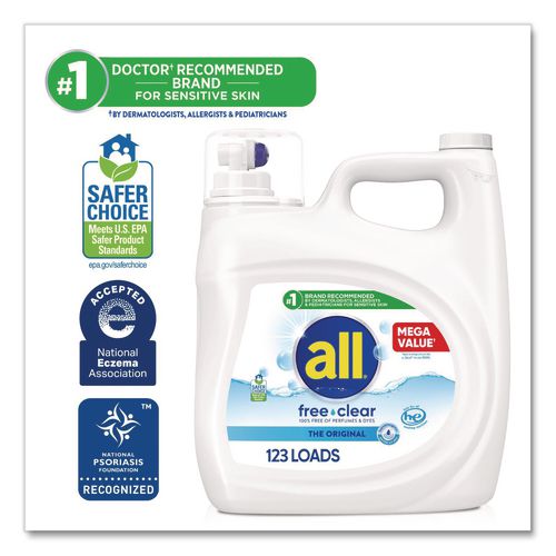 Image of all® 72613 47465 Free Clear HE Laundry Detergent, 154 oz Bottle, 2/Carton