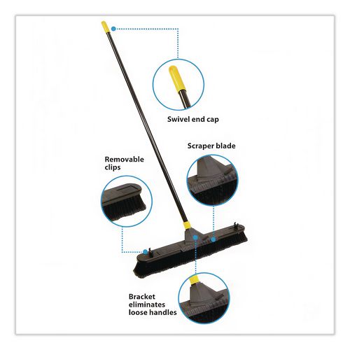 Image of Quickie® 633 Bulldozer Smooth Surface Pushbroom with Scraper Block, 24 x 60, Powder Coated Handle, Split Tip Tampico Bristles, Black
