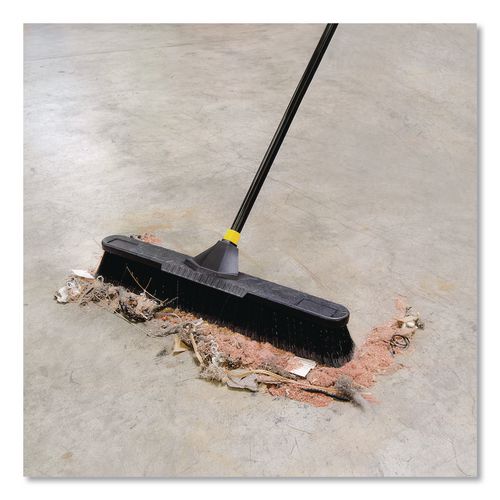 Image of Quickie® 633 Bulldozer Smooth Surface Pushbroom with Scraper Block, 24 x 60, Powder Coated Handle, Split Tip Tampico Bristles, Black