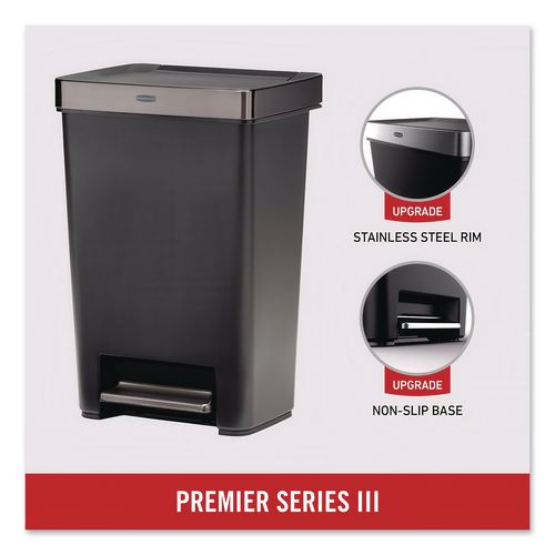 Image of Rubbermaid® Commercial 2120983 Premier Series III Step-On Waste Container, 12.4 gal, Plastic, Black/Stainless Steel