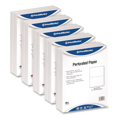 Image of PrintWorks® Professional 04116 Perforated Paper, 92 Bright, Perforated 5.5" from Bottom, 20 lb Bond Weight, 8.5 x 11, White, 500/Ream, 5 Reams/Carton