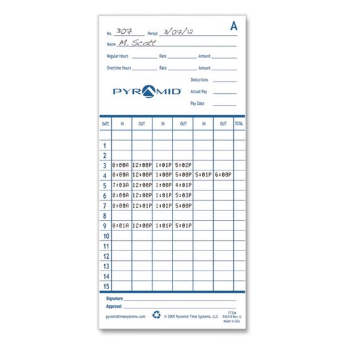 Image of Pyramid Technologies 42415 Time Clock Cards For Pyramid Technologies 2000/6000, Two Sides, 3.38 X 7.44, 100/pack