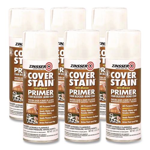 Image of Zinsser® 3608 Cover Stain Oil-Based Spray Primer, Interior/Exterior, Flat White, 13 oz Aerosol Can, 6/Carton
