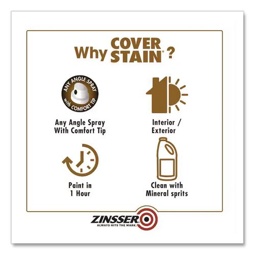 Image of Zinsser® 3608 Cover Stain Oil-Based Spray Primer, Interior/Exterior, Flat White, 13 oz Aerosol Can, 6/Carton