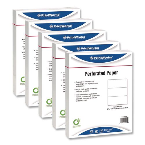 Image of PrintWorks® Professional 04120 Perforated Paper, 3.66" and 7.33" from Bottom, 92 Bright, 20 lb Bond Weight, 8.5 x 11, White, 500/Ream, 5 Reams/Carton
