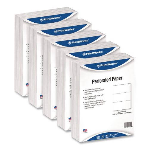Image of PrintWorksÂ® Professional Perforated and Punched Paper, 92 Bright, 24 lb Bond Weight, 8.5 x 11, White, 500/Ream, 5 Reams/Carton