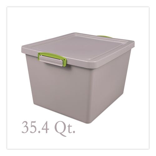 Image of Really Useful Box® 33.5-RECY-GREY 35.4 Qt. Latch Lid Storage Tote, 14.76" x 12.6" x 10.43", Dove Gray/Green