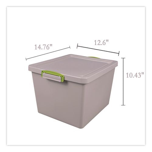 Image of Really Useful Box® 33.5-RECY-GREY 35.4 Qt. Latch Lid Storage Tote, 14.76" x 12.6" x 10.43", Dove Gray/Green
