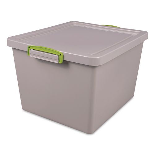 Image of Really Useful Box® 33.5-RECY-GREY 35.4 Qt. Latch Lid Storage Tote, 14.76" x 12.6" x 10.43", Dove Gray/Green