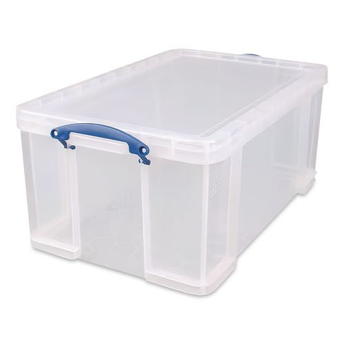 Image of Really Useful Box® 64CCB Snap-Lid Storage Bin, 16.9 Gal, 17.31" X 28" X 12.25", Clear/blue