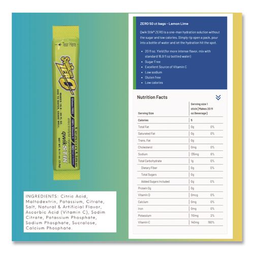 Image of Sqwincher® 159060103 Sugar-Free Qwik Stik Energy Drink Mix, Lemonade, 1.26 oz Packet, 50/Pack