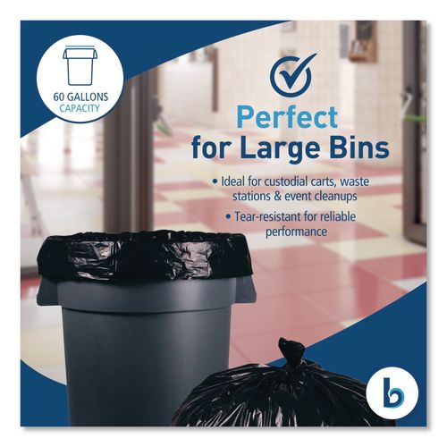 Image of Boardwalk® X7658SKKK01 Reprocessed Resin Can Liners, 60 gal, 1.2 mil, 38 x 58, Black, 50 Bags/Carton
