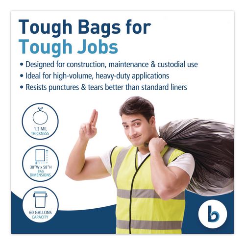 Image of Boardwalk® X7658SKKK01 Reprocessed Resin Can Liners, 60 gal, 1.2 mil, 38 x 58, Black, 50 Bags/Carton