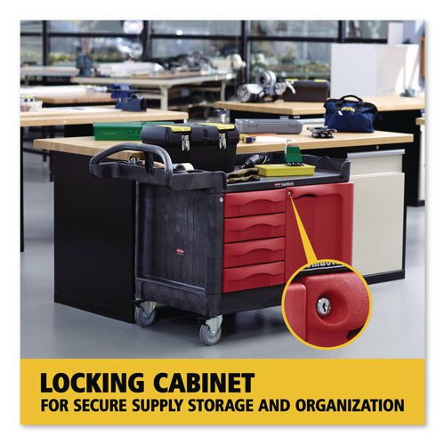 Image of Rubbermaid® Commercial FG453388BLA TradeMaster Cart with One Door, Plastic, 3 Shelves, 4 Drawers, 750 lb Capacity, 26.25" x 49" x 38", Black
