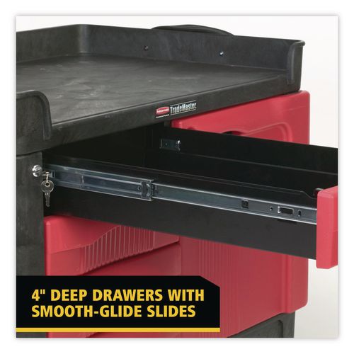 Image of Rubbermaid® Commercial FG453388BLA TradeMaster Cart with One Door, Plastic, 3 Shelves, 4 Drawers, 750 lb Capacity, 26.25" x 49" x 38", Black