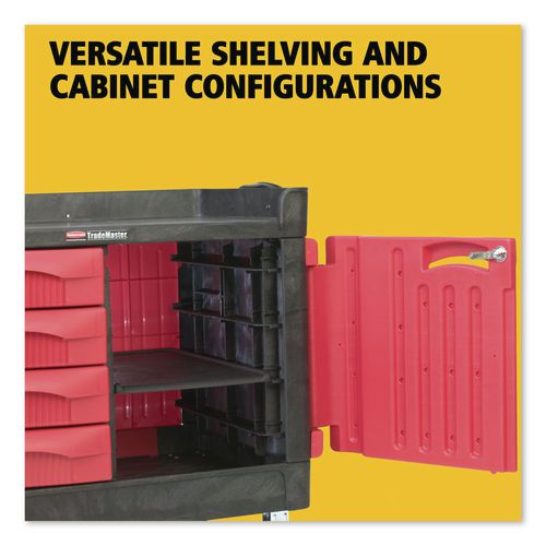 Image of Rubbermaid® Commercial FG453388BLA TradeMaster Cart with One Door, Plastic, 3 Shelves, 4 Drawers, 750 lb Capacity, 26.25" x 49" x 38", Black