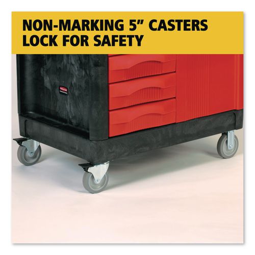 Image of Rubbermaid® Commercial FG453388BLA TradeMaster Cart with One Door, Plastic, 3 Shelves, 4 Drawers, 750 lb Capacity, 26.25" x 49" x 38", Black