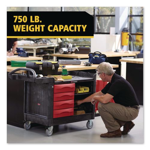 Image of Rubbermaid® Commercial FG453388BLA TradeMaster Cart with One Door, Plastic, 3 Shelves, 4 Drawers, 750 lb Capacity, 26.25" x 49" x 38", Black