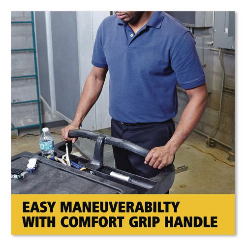 Image of Rubbermaid® Commercial FG453388BLA TradeMaster Cart with One Door, Plastic, 3 Shelves, 4 Drawers, 750 lb Capacity, 26.25" x 49" x 38", Black