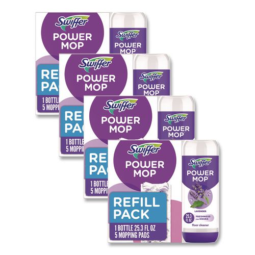 Image of Swiffer® 80734047 PowerMop Cleaning Solution and Pads Refill Pack, Lavender, 25.3 oz Bottle and 5 Pads per Pack, 4 Packs/Carton