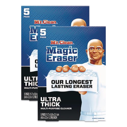 Image of Mr. Clean® 80764981 Magic Eraser, Ultra-Thick, 4.6 x 2.3, 1.2" Thick, White, 5/Pack, 2 Packs/Carton