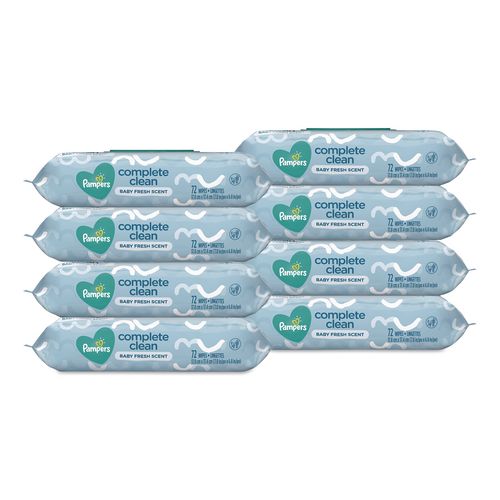 Image of Pampers® 75536 Complete Clean Baby Wipes, 1-Ply, Baby Fresh, 7 x 6.8, White, 72 Wipes/Pack, 8 Packs/Carton