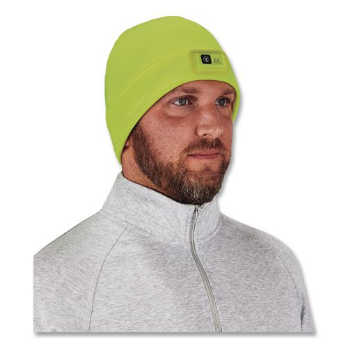 Image of ergodyne® 16790 N-Ferno 6801 Winter Skull Cap with LED Rechargeable Light, Fleece, One Size Fits Most, Lime