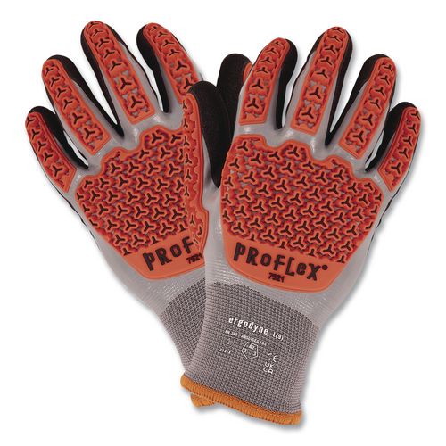 Image of ergodyne® 17647 ProFlex 7521 Thermal Coated Impact-Resistant Gloves, EN388:2131X, 7.5" Long, 3X-Large (12), Gray/Black/Orange, Pair
