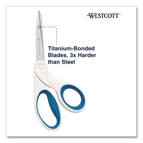 Image of Westcott® ACM-16578 Non-Stick Titanium Bonded Scissors, 8" Long, 3.25" Cut Length, Crane-Style White/Blue Handle
