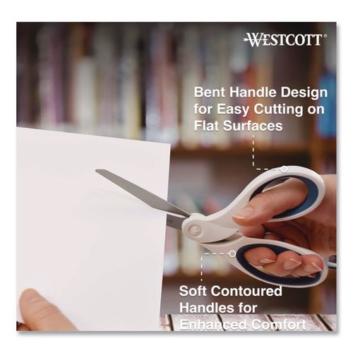 Image of Westcott® ACM-16578 Non-Stick Titanium Bonded Scissors, 8" Long, 3.25" Cut Length, Crane-Style White/Blue Handle