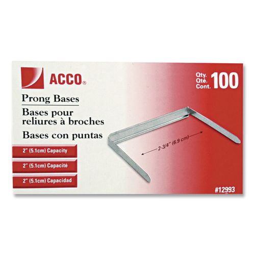 Image of ACCO 12993 Standard Two-Piece Two-Prong Paper Fastener Bases, 2" Capacity, 2.75" Center to Center, Silver, 100/Box