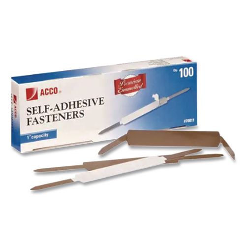 Image of ACCO A7070011K Premium Self-Adhesive Two-Prong Paper Fastener Bases, 1" Capacity, 2.75" Center to Center, Silver, 100/Box