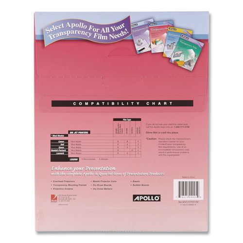Image of Apollo® CG7031S Quick-Dry Color Inkjet Transparency Film With Handling Strip, 8.5 X 11, 50/box